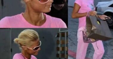Paris Hilton en chándal de felpa rosa